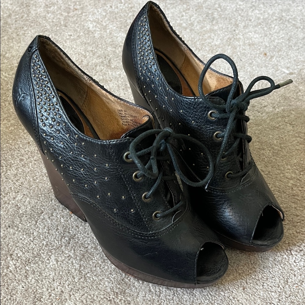 Frye Black Leather Studded Oxford Peep-Toe Booties